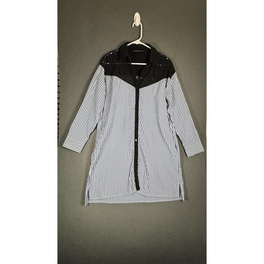 Zara Basic Blouse Women's M Blue White Stripe Black Lace Long Sleeve Button